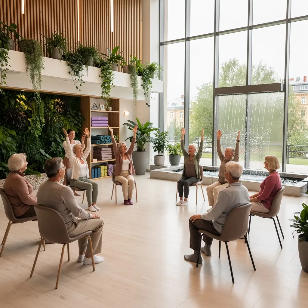 Sieviete, kas veic elpošanas vingrinājumus, sēžot uz krēsla ziedu dārzā.